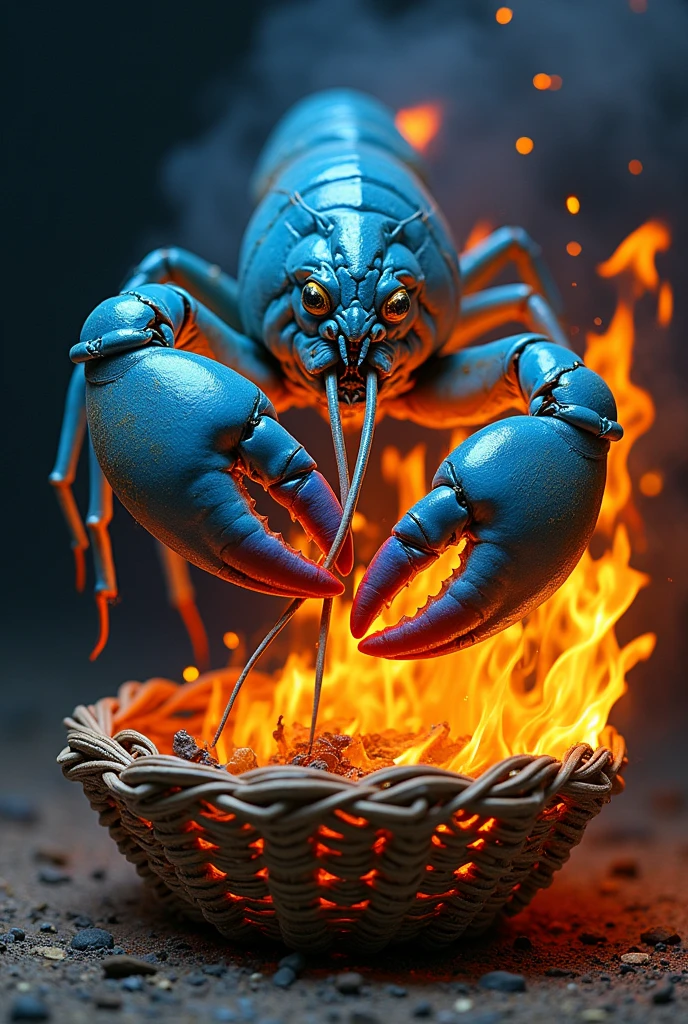 Blue lobster on fire making basket