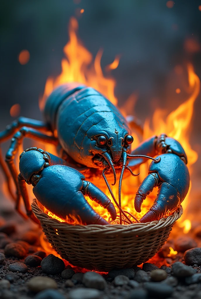 Blue lobster on fire making basket
