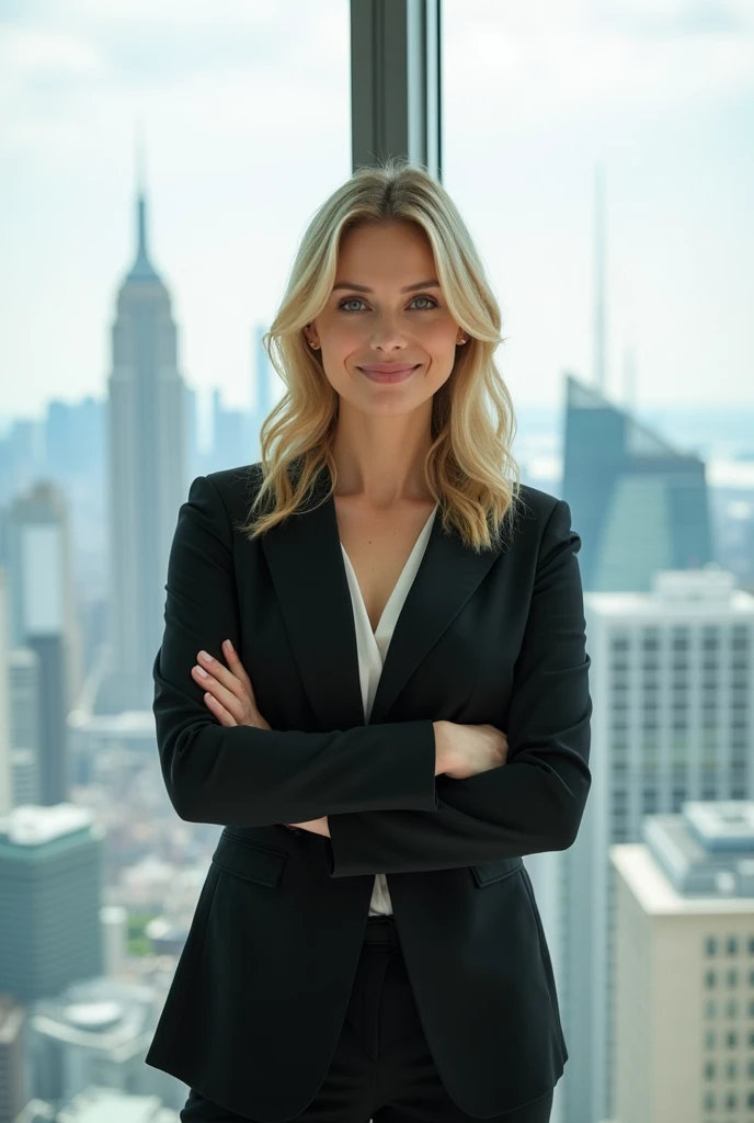 Blonde woman in modern business attire, posing confidently in a minimalist office, with a panoramic view of a city in the background