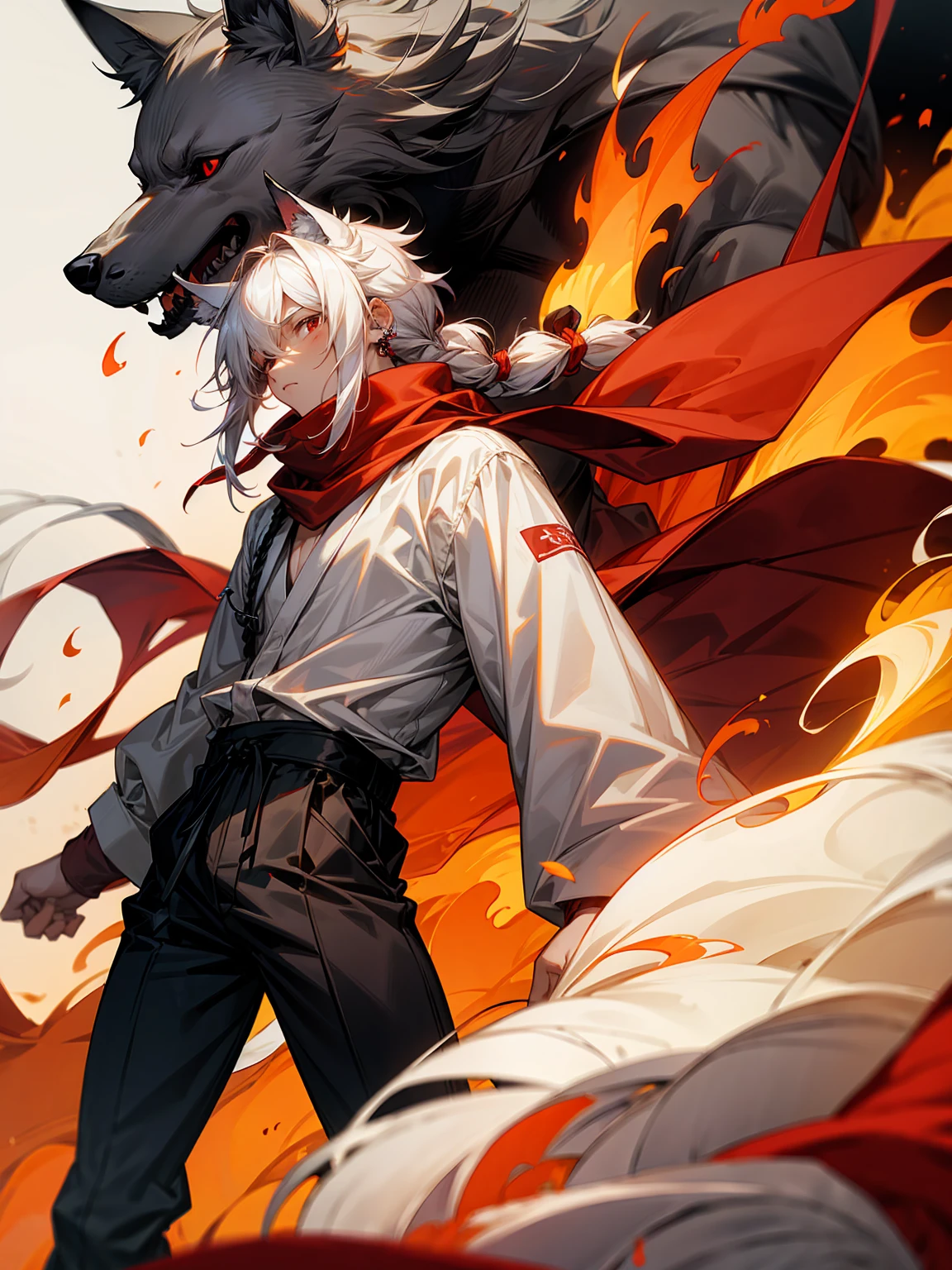 1male, Adult, Long White Hair, White Baggy Long Sleeve Shirt, Baggy Black Pants, Red Eyes, Red Scarf, Earring, Masculine, Dog Ears, Surrounded By Flames, Wolf, Single Hair Braid
