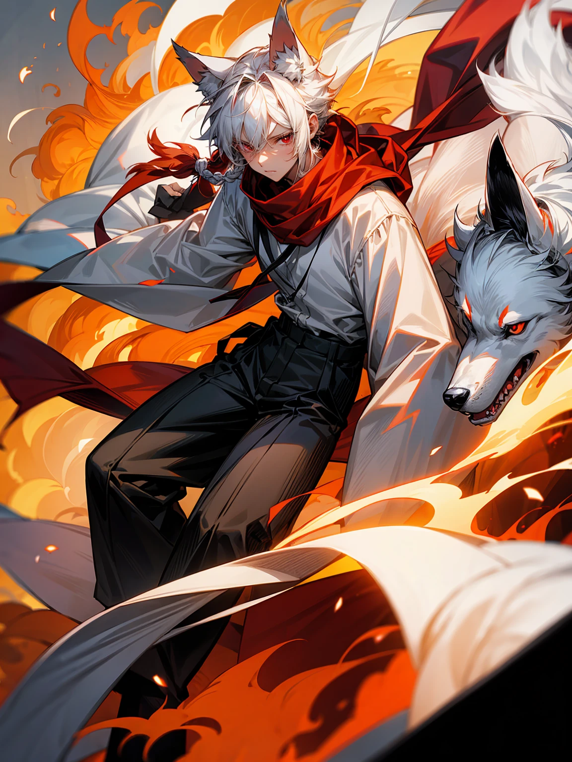 1male, Adult, Long White Hair, White Baggy Long Sleeve Shirt, Baggy Black Pants, Red Eyes, Red Scarf, Earring, Masculine, Dog Ears, Surrounded By Flames, Wolf, Single Hair Braid