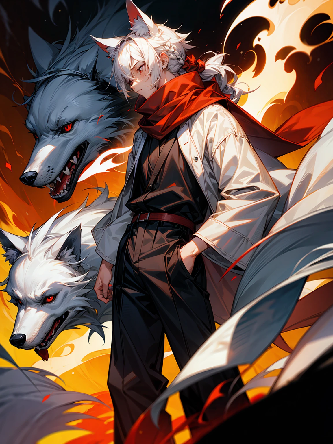 1male, Adult, Long White Hair, White Baggy Long Sleeve Shirt, Baggy Black Pants, Red Eyes, Red Scarf, Earring, Masculine, Dog Ears, Surrounded By Flames, Wolf, Single Hair Braid