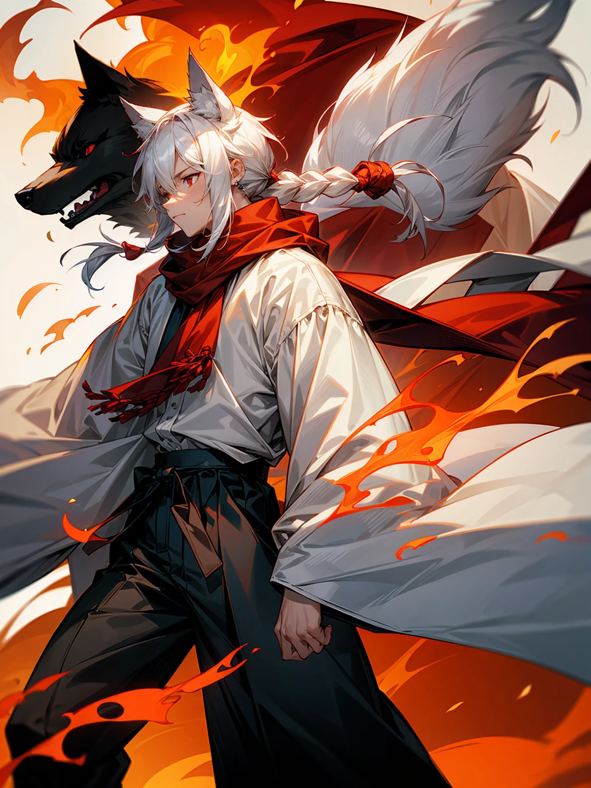 1male, Adult, Long White Hair, White Baggy Long Sleeve Shirt, Baggy Black Pants, Red Eyes, Red Scarf, Earring, Masculine, Dog Ears, Surrounded By Flames, Wolf, Single Hair Braid