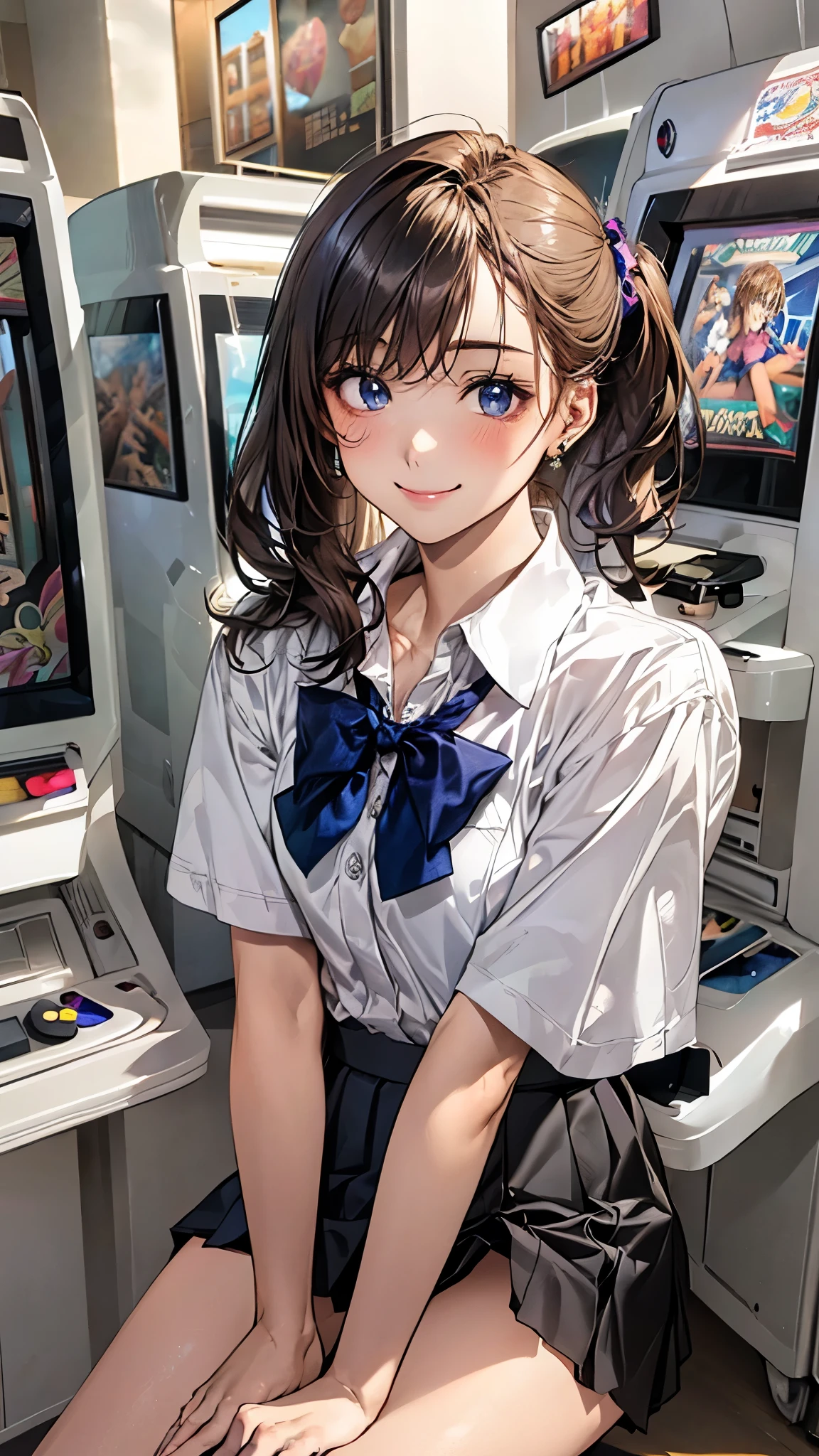 (masterpiece:1.2, highest quality), (realistic, photorealistic:1.4), beautiful illustrations, (natural side lighting, movie lighting),
beautiful hair, beautiful face, detailed and beautiful eyes, beautiful clavicle, beautiful body, beautiful breasts, beautiful thighs, beautiful feet, beautiful fingers,
looking at the viewer, 1 girl, high school girl, (perfect anatomy, anatomically correct, super detailed skin), cute symmetrical face, , perfect face, perfect eyes,
(middle hair, side ponytail, light brown hair), swept bangs, blue eyes, long eye lasher, (medium breasts, seductive thighs), perfect body, shiny skin, slender,
(short sleeve white collared shirt, navy pleated mini skirt, break blue bow tie), break white socks, earrings, break
(beautiful scenery), evening, (game_center, scenery, arcade cabinet, chair, poster (object), indoors), (sitting chair), (lovely smile, upper eye),