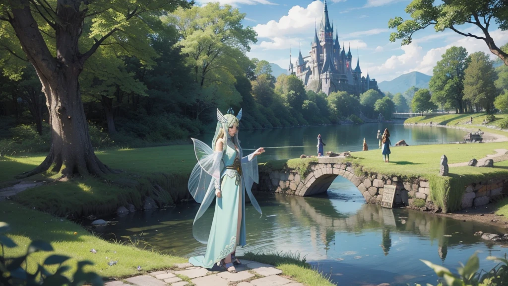 Highest quality、Transparent drawing、The fairy queen stands in her Celtic castle by the lake。Celtic mythological priestess in long dress、House of Taiki、There are fairies flying around、