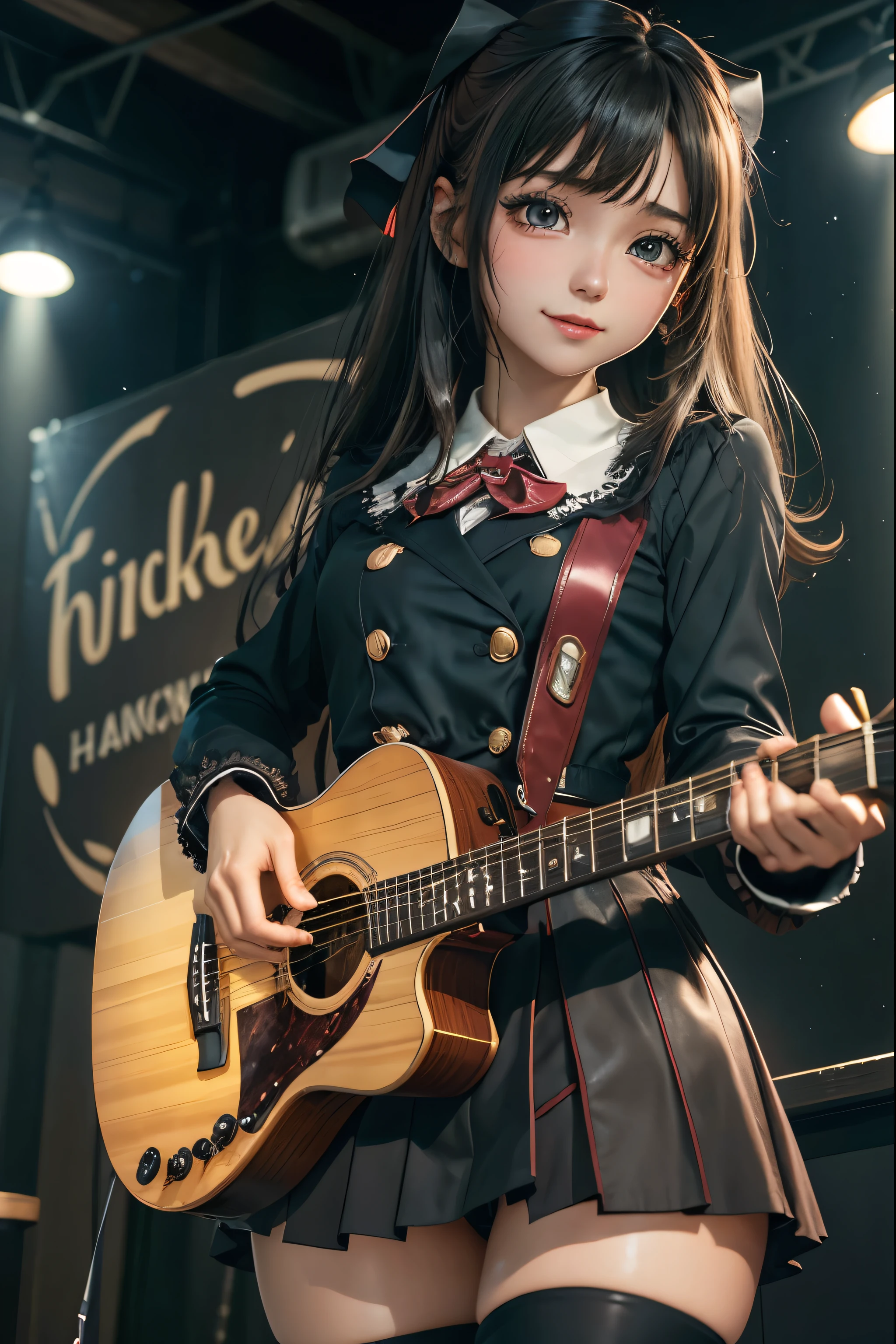 High school girl blazer、uniform、Red checked knee-length skirt、Long skirt、JK Style、Jacket、smile、Knee-high socks、Thigh-high socks、pantyhose、Extremely beautiful、Super cute、ennui、Rare Beauty、Dark black eyeshadow、sad、Skin radiance、Long Hair Straight Hair、Dark Gothic Makeup、Dark Smile、Fragrant beauty、Stained glass background、masterpiece、Highest quality、See 5 books、Sweat glistening on my chest、Sweat glistening on the face、Small breasts、2、Slightly slim、Mysterious look、Sad look、Mysterious Gothic Church、enchanting castle、Excessive sweating all over the body、Sweat dripping down thighs, shining in the light、Shiny thighs、Thighs、Sweat on thighs, shining brightly、sweat profusely、gal、Small breasts、Japanese face、Captivating look、Thin Thighs、play the guitar、I have a guitar、Enthusiastic singing、play the guitar in a band、Playing guitar chords、Background of the live music venue、Sing a song、Open your mouth、Scenery of a live music venue、Mike stand、Glamorous live stage、Dynamic Angles、Vivid straight long hair、delicate straight hair、