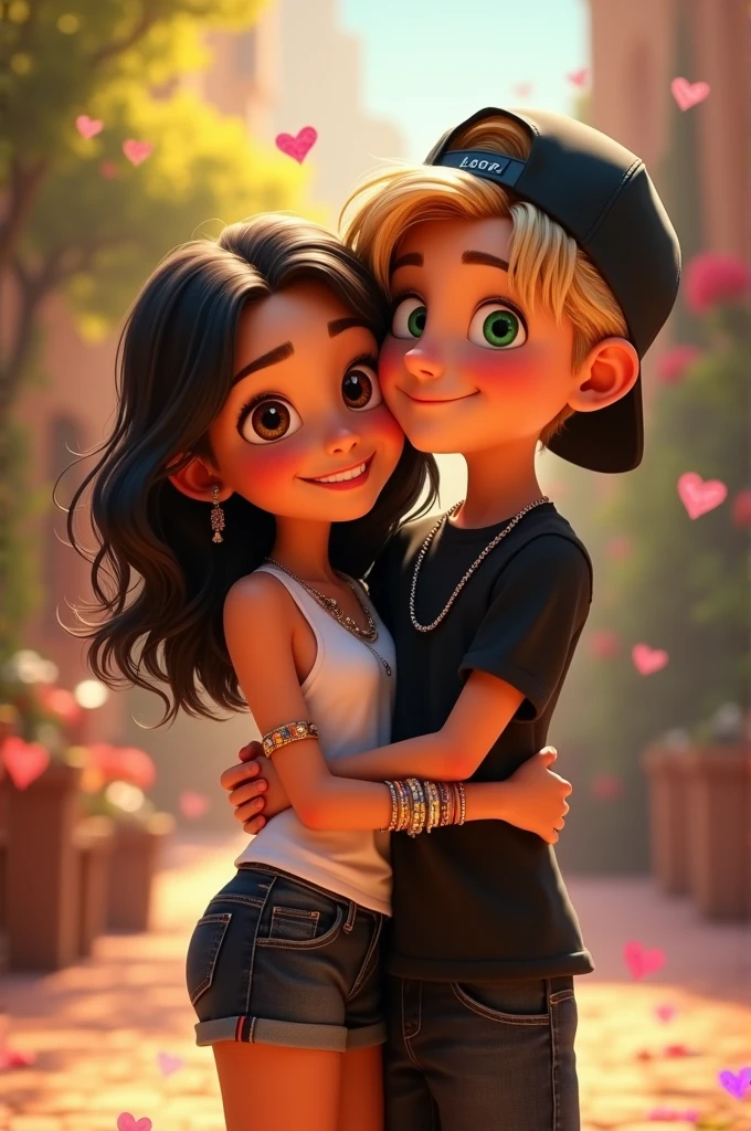 Disney Pixar inspired poster, girl with dark wavy hair, eyes browns, wearing a white top, short jeans preto, using rings, colorful bracelets and a small thin silver necklace around the neck, hugging a blond-haired boy, greeneyes, wearing a black t-shirt, black shorts, black cap backwards on head, and wearing a thin silver chain around his neck
