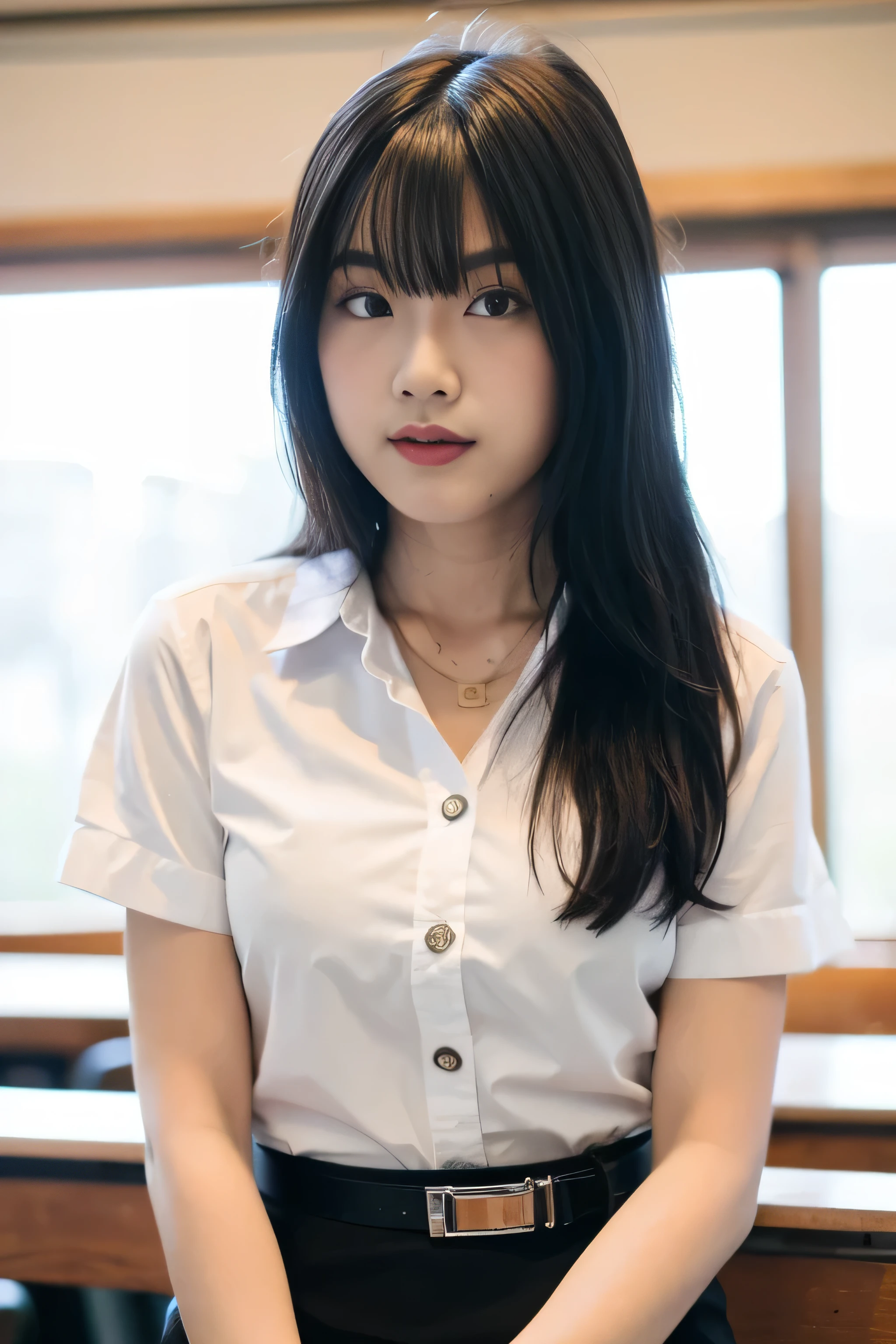 Close up,1 girl{{A beautiful woman wearing a white short-sleeved shirt and a short black pencil skirt}} , striking a sexy pose.  with several lecture tables set up behind it  There is a sliding glass window.  There was evening light streaming into the room.