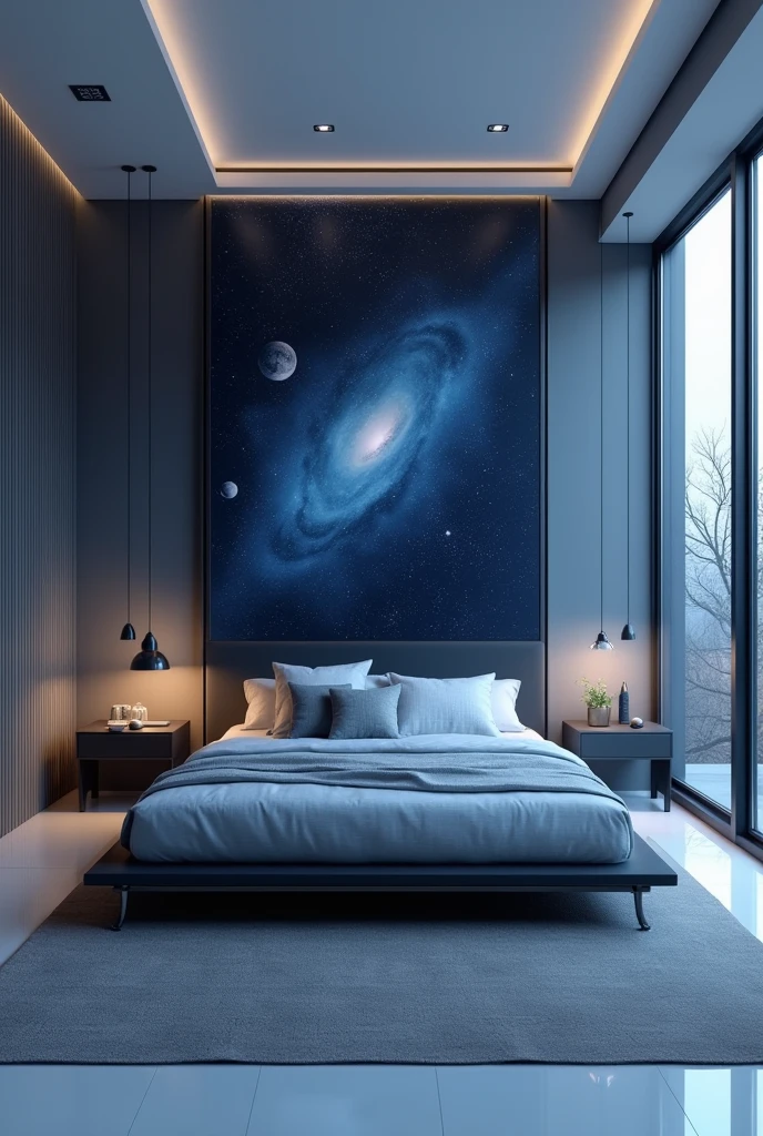 Create a minimalist men's bedroom with blue, white and black colors and outer space decorations