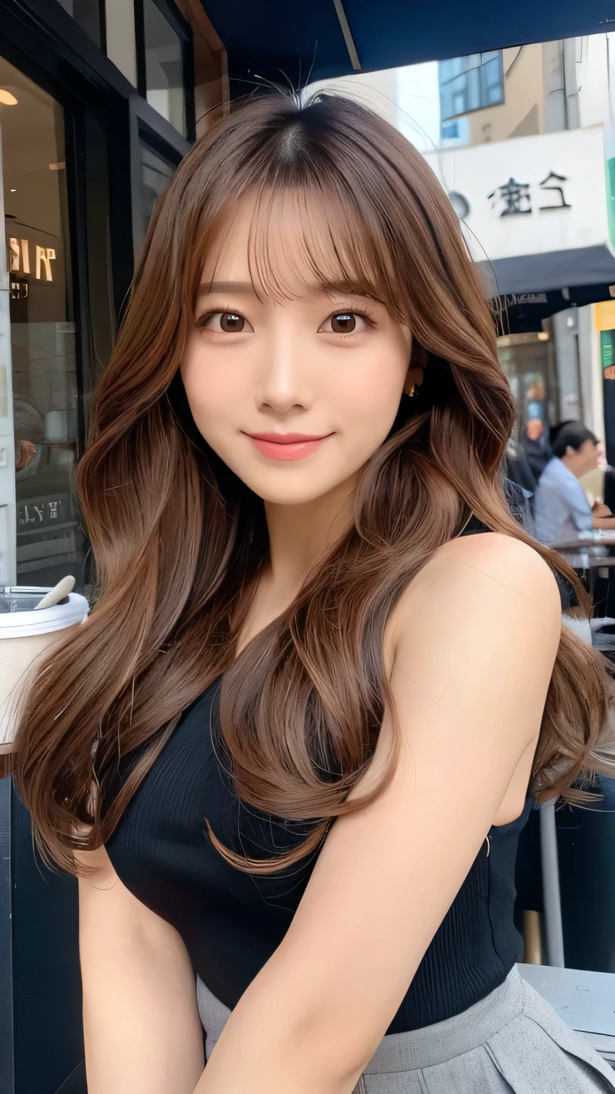 Realistic:1.2,masterpiece,Highest quality,98k,((One Woman)),20-year-old,Japanese women、Tight waist,Perfect Anatomy, Brown Hair, Wavy Hair,Random Hairstyles,Big beautiful breasts,((Fully detailed face and eyes:1.2))((Cute Face:1.2)),Random Pause,smile、Black secretary suit、mini skirt、Full Body Shot,Natural Face、Drinking coffee at a cafe