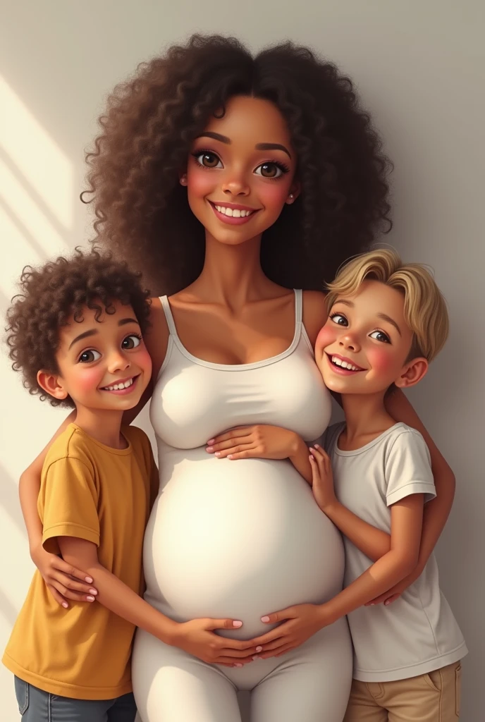 A medium-haired woman, 4 pregnant, with 3 children ;
U, light tan, dark brown hair and medium brown children, with dimple when smiling on both sides of the cheek, the second son of , with thin, curly brown hair, brown dark eyes, white and with a small toothed smile,and the third white child, , with medium straight blonde hair, brown dark eyes, of these big and smiling babies that look just like their mother.