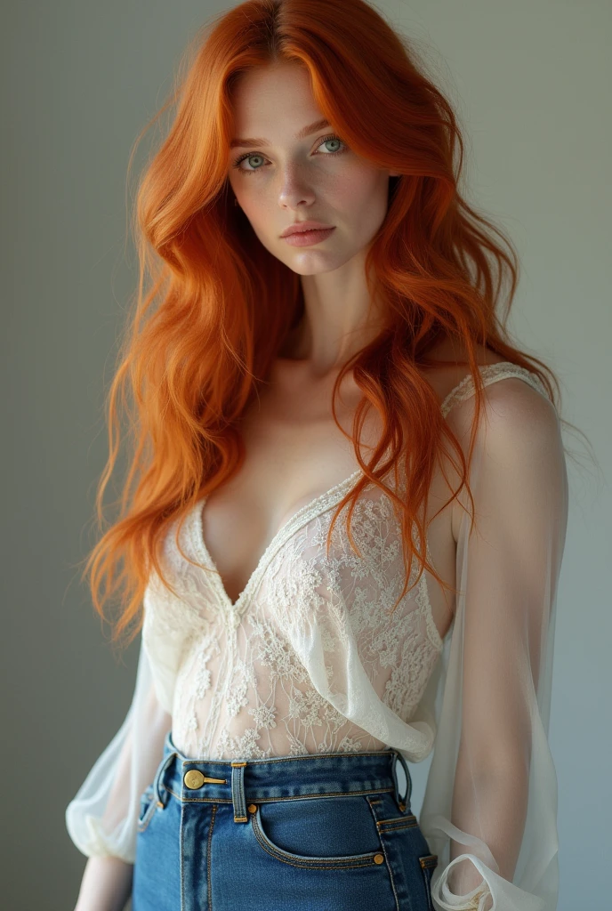 Redhead female model wearing long skintight denim skirt with white lace blouse