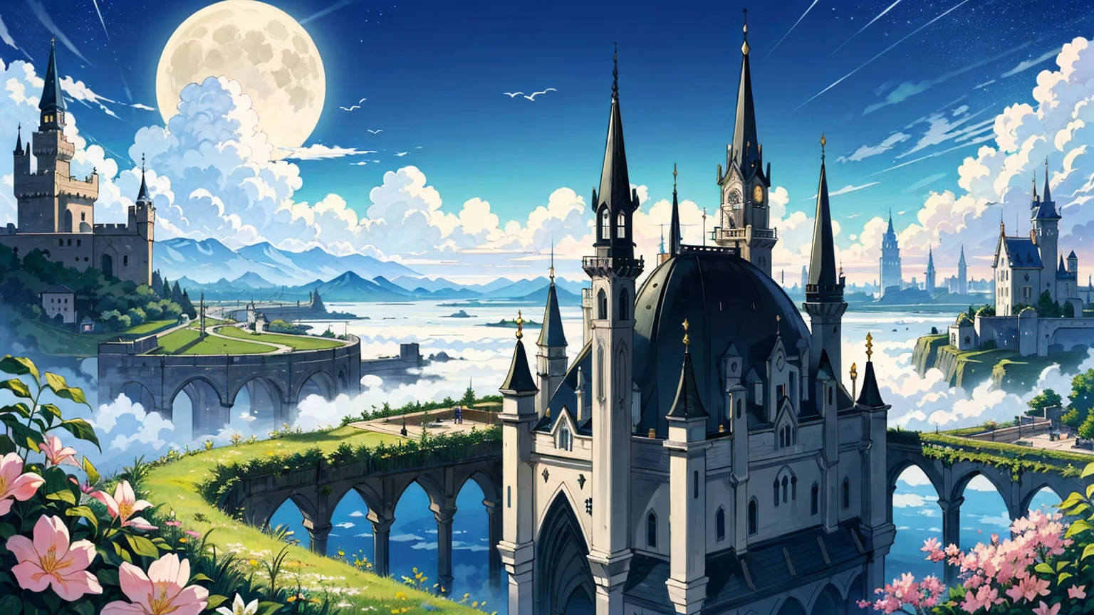 (Extremely detailed floating city:1.3), ((1 detailed mirage-castle floats above the clouds)and(Detailed floats minarets illusion, detailed floats belfry illusion)and(Highly transparent mirage)and(Detailed view of the base of the Mirage castle)),ultra-detailed,extremely detailed and beautiful, nigh sky and white cloud and full moon glow background,ultra-detailed birds, (floating city in bloom, Floating petals, blooming gardens in the sky, many vines on the wall:1.2) Imagination, dream /=, Holy Light,
