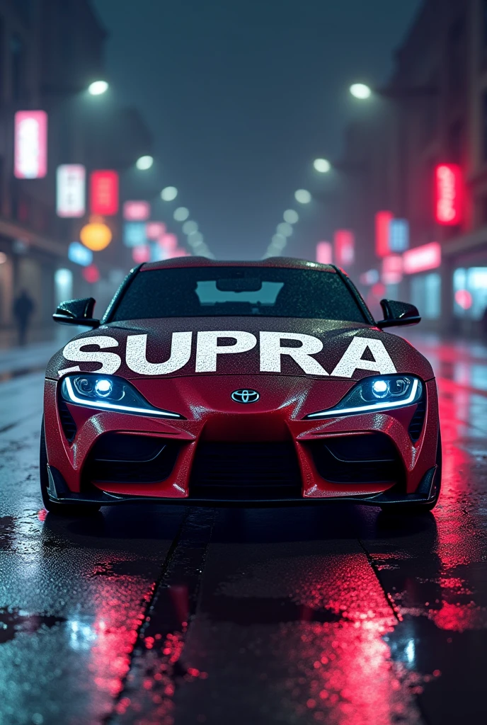 Toyota Supra Realistic Hoodie Design Pictured, the Toyota Supra MK4 that is realistically represented. The background that is dark, with reflections of neon lights on a wet road. The design includes stylized text that says “SUPRA” in large white letters with a glitch effect (glitch), as well as smaller text for “SPORTS” and “MK4”. Also that Japanese characters be added to complement the overall aesthetics..
Everything I mentioned has to be on the hood so it looks realistic