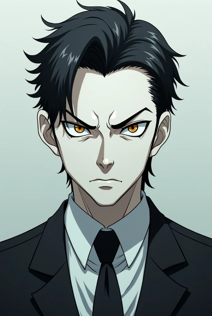 60 year old Japanese man wearing an office suit with black dyed hair and serious with amber eyes and a very empty arrogant expression and very pale anime style skin
