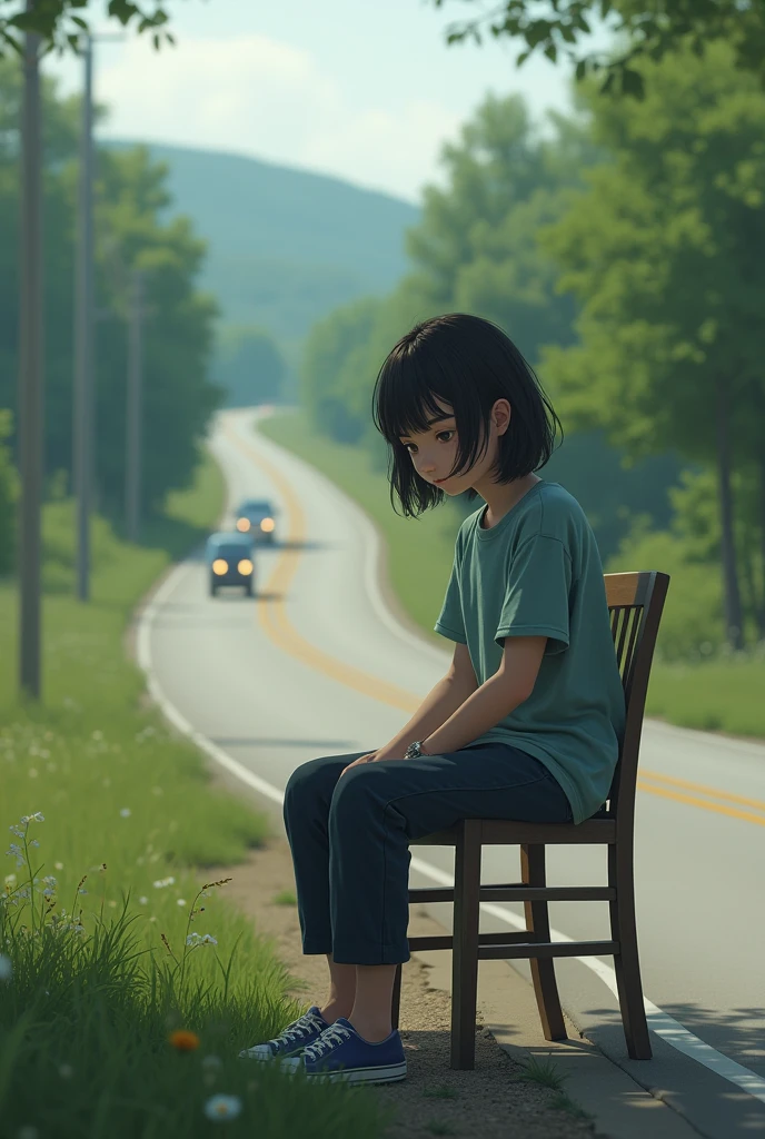 A girl sitting on chair alone near the road looking like an introvert