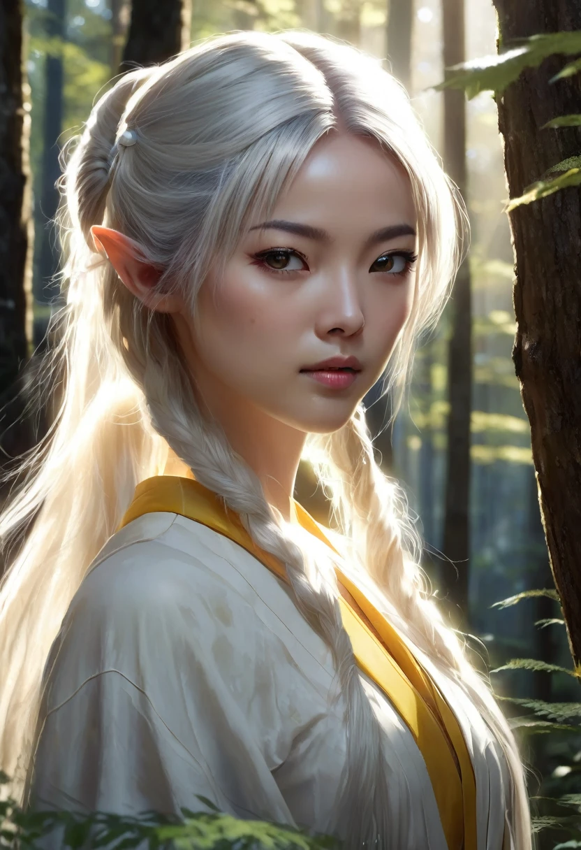 1 woman, she is japanese, inside a forest during the day, wearing a modest white robe with dark yellow details, slender body, detailed facial features, feminine blue eyes, clear and detailed skin, long white hair tied in two ponytails falling over her shoulders in the front, she has small elf ears, dramatic lighting, cinematic composition, warm palette in the forest with sunlight falling on her, dark lights, atmospheric haze, thin chin, soft face, calm face, smooth face, adult woman, ultra realistic, profile picture, young woman (best quality, 4K, 8K, high resolution, art: 1.2), ultra detailed (realistic, photorealistic, photorealistic: 1.37)