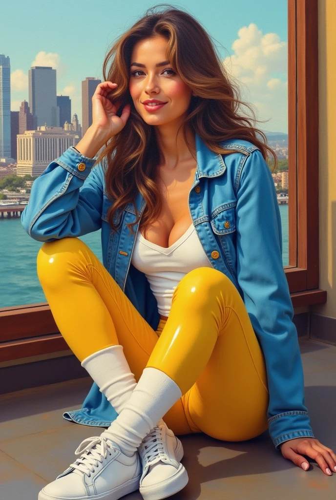 A detailed acrylic art style of beautiful AMERICAN woman with brown hair, little smile, wearing 80´s white and yellow clothes, blue denin jacket, glossy beige tights, white legwarmers, white sneakers, sitting on the floor, city skyline scenario