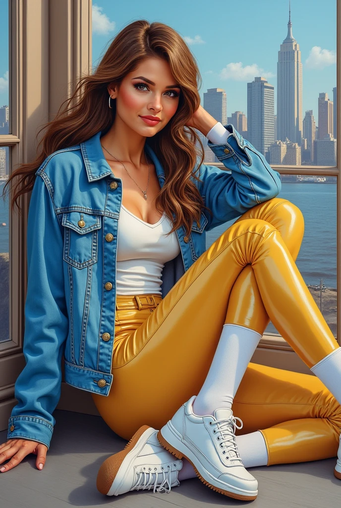 A detailed acrylic art style of beautiful AMERICAN woman with brown hair, little smile, wearing 80´s white and yellow clothes, blue denin jacket, glossy beige tights, white legwarmers, white sneakers, sitting on the floor, city skyline scenario