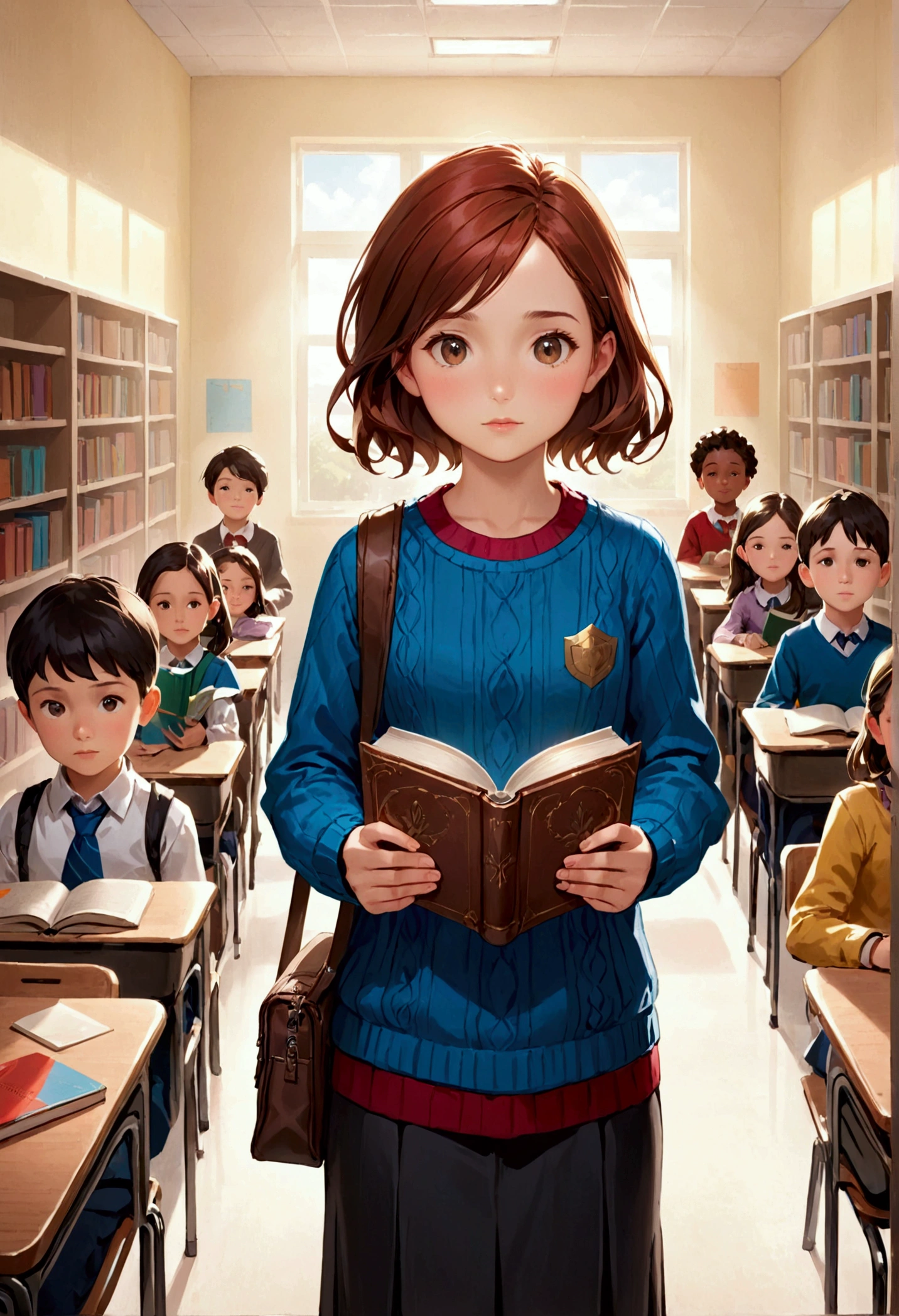 A woman with a book in her hand and 2nd grade students behind
