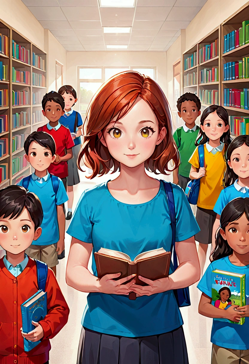 A woman with a book in her hand and 2nd grade students behind