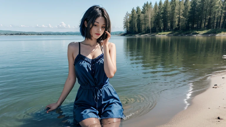 beautiful detailed eyes, short hair, blue hair, glowing skin, fashionable outfit, confident pose, peaceful atmosphere, vibrant colors, soft lighting, summer breeze, Yelan floating on top of water in the middle of the lake, water reflection, big lake landscape, ultra realistic, sunny day, cute, early twenties, blue uniform, middle of lake, lake stretching in the background,