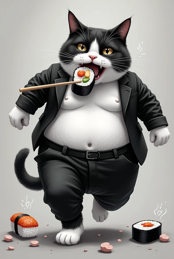 black and white tuxedo cat eating sushi, fat cat with pants, crying and running