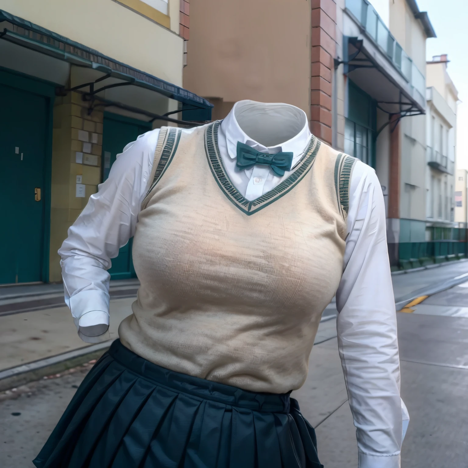 (invisible, no humans, headless, handless, legless:1.5), (cute big breast, chubby, fat), upper body,school_uniform,bowtie,green_bow,green_bowtie,skirt,pleated_skirt,kneehighs,plaid_skirt,green_skirt, kibito high school uniform, school uniform, sweater vest, blazer,
(8k, RAW photo, best quality, masterpiece:1.2), (realistic, photo-realistic:1.37),photon mapping, radiosity, ((Hasselblad photography)),physically-based rendering
