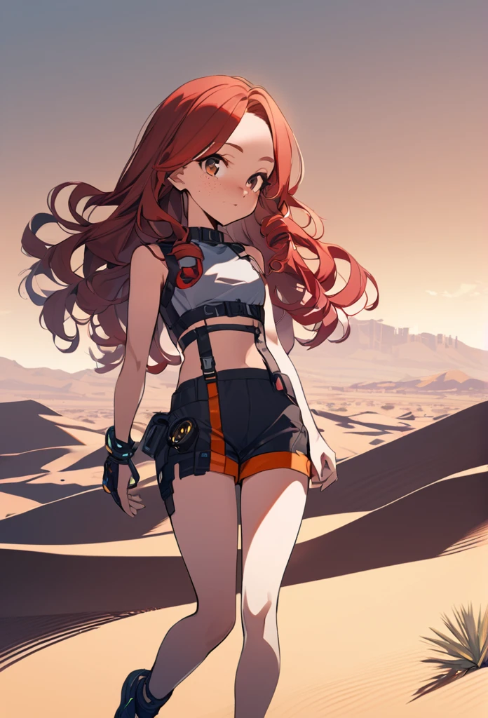 A woman, 20 years old, red hair, curly hair,((( very brown eyes))), parted hair bangs, cyberpunk outfit, summer outfit ,desert background, freckles, small breast, legs