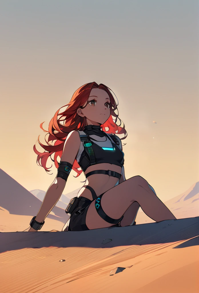 A woman, 20 years old, red hair, curly hair,((( very brown eyes))), parted hair bangs, cyberpunk outfit, summer outfit ,desert background, freckles, small breast, legs
