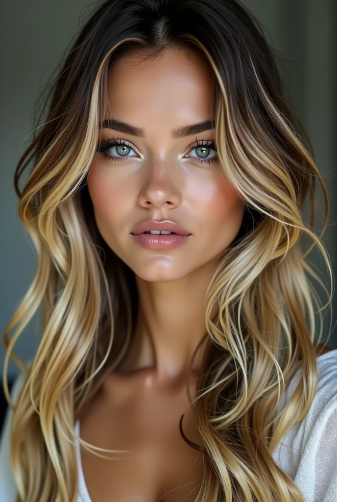 Jeune fille/18 ans/séduisante/cheveux racine brune et longueure blonde/yeux de biche/levre pulpeuse/maquillage naturel/origine espanol/bresilien/cheveux souple et lisse/grands cils/yeux bleu claire/nez fin et un peu pointu/regarde de fille minione/petit front/mâchoire légèrement dessiné/petite oreil/surciles fournie mais pas trop/pommette sayente/un Melange de Valentina Zenere de Natalie portman de Adriana Lima de Lea Halton et Megan Fox/ressentie d'age
