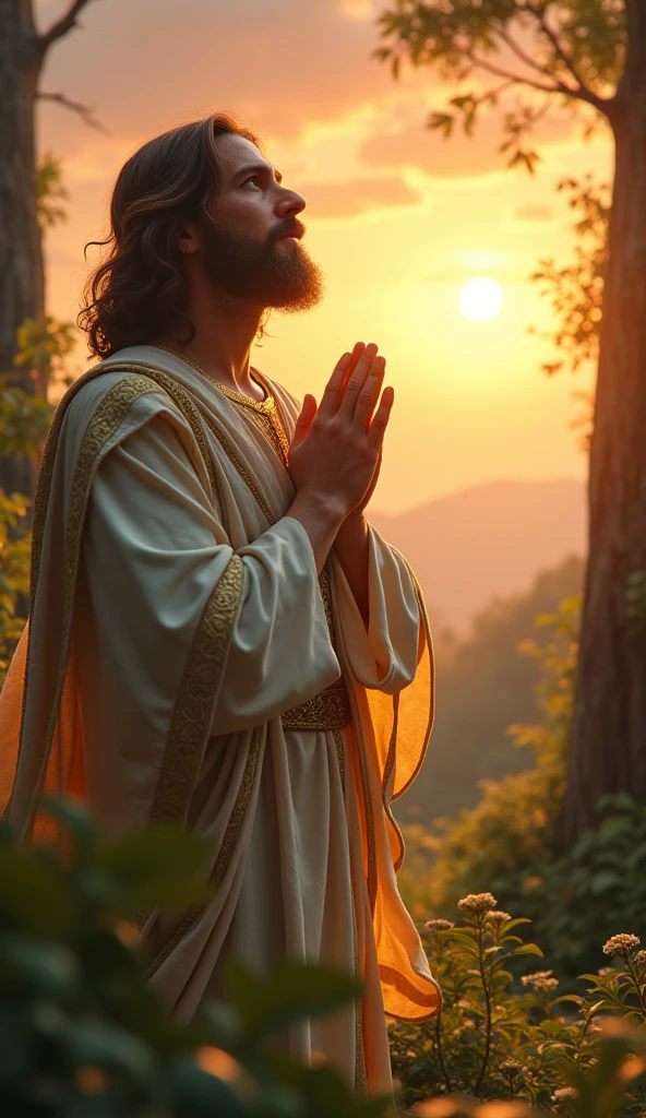 Genera una imagen 8k de Jesucristo en oración mirando hacia arriba, with a background of lush nature, beautiful sunrise, luz outfit, intense colours, realist, cinematographic, 8k