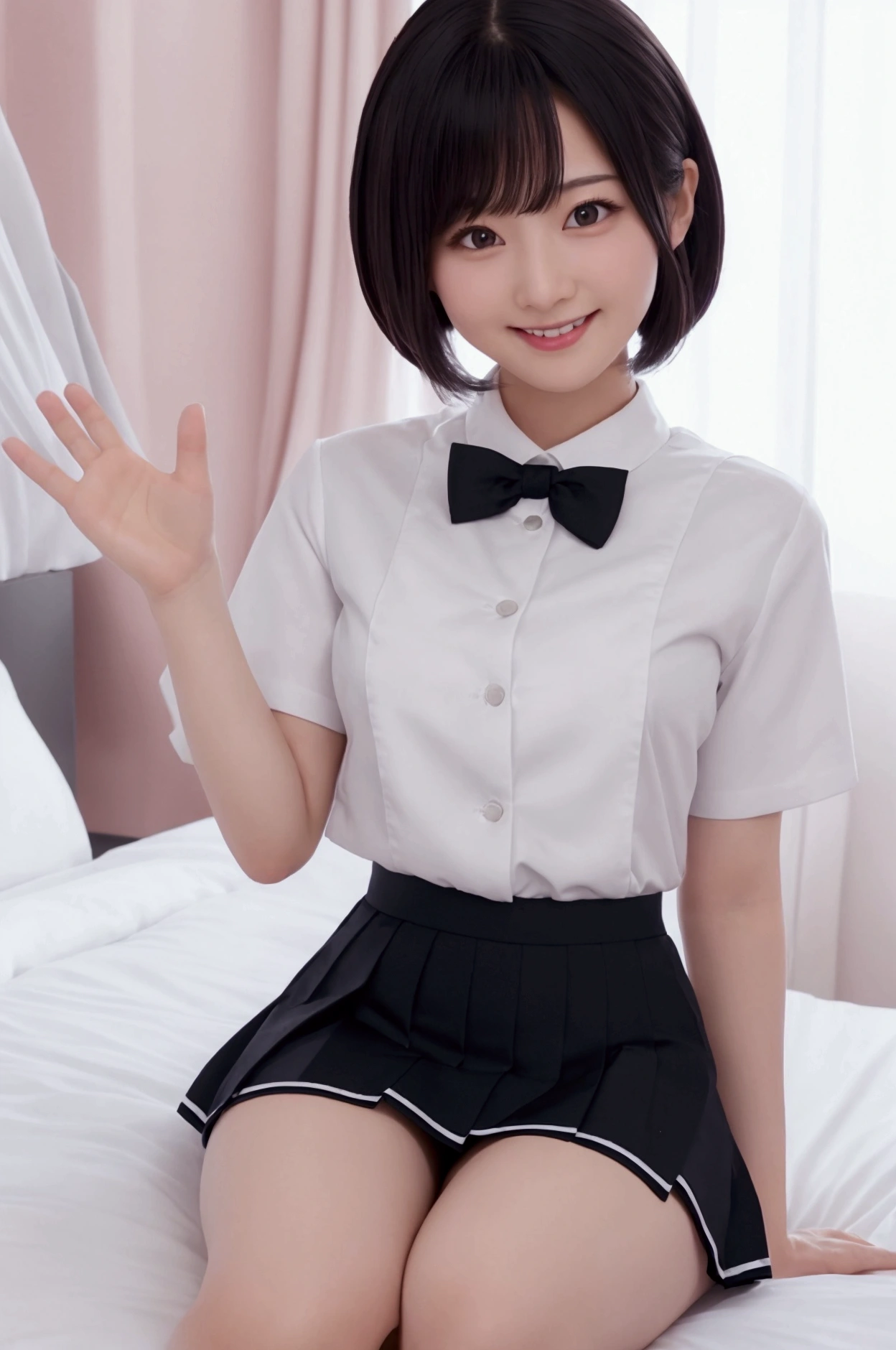 Burning idol pose　Adorable smile　Hotel　bed　uniform　White clothes　High resolution　Not too small bust　Black mini skirt　The skirt should be short 　Beautiful feet　Beautiful Hair　height: 155cm