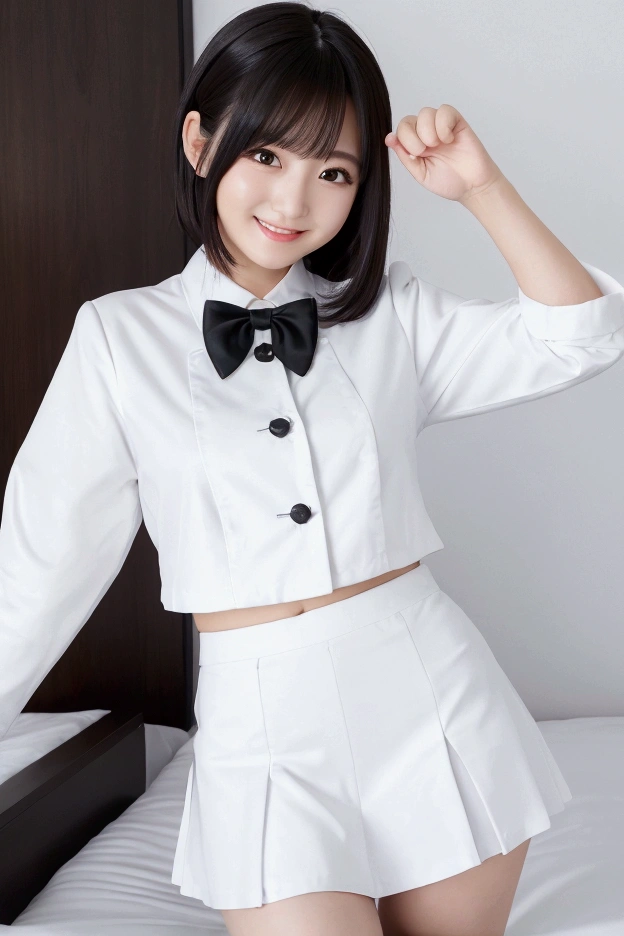 Burning idol pose Adorable smile Hotel bed uniform White clothes High resolution Not too small bust Black mini skirt The skirt should be short Beautiful feet Beautiful Hair height: 155cm