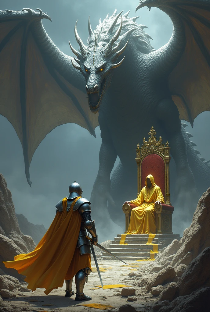 A knight in silver armor and holding a sword walks towards a throne full of golden thorns,A pagan in golden garments and a hood sits on a throne,The throne is shattered,The shadow of a silver dragon hovers in the sky