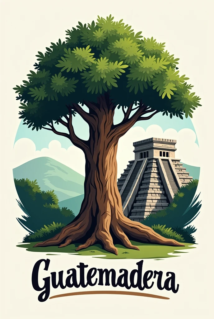 The logo of a company based on a tree trunk with very green leaves and a Mayan ruin behind it and that has some letters that say Guatemadera