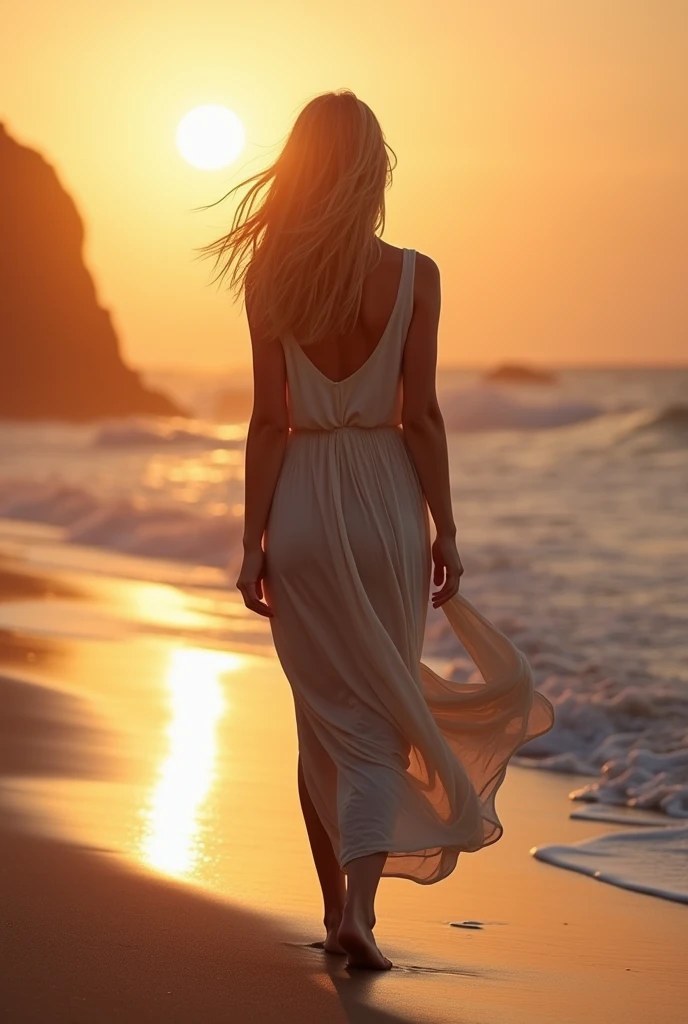Femme blonde en robe longue et fluide, marchant pieds nus sur une plage déserte au coucher du soleil, la brise légère faisant flotter sa robe, créant une atmosphère de mystère et de sensualité.