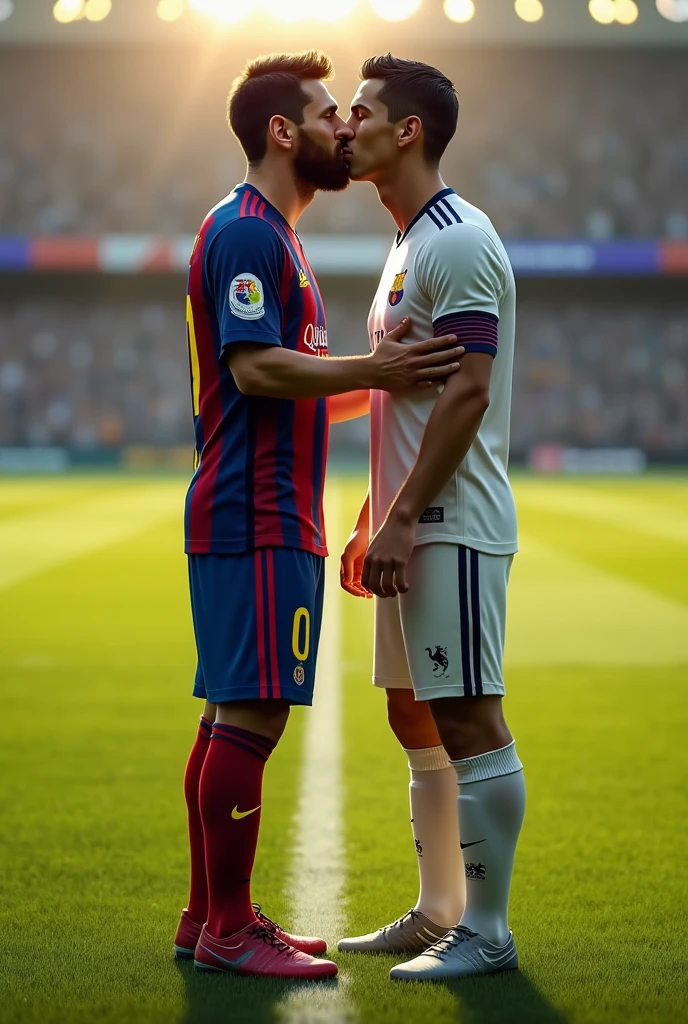 Fais la photo la plus realiste possible de messi qui fais un bisou sur la bouche a ronaldo