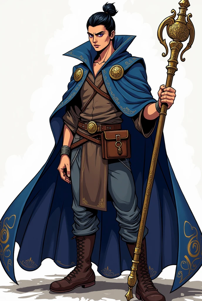 Create a male mage with black hair styled in a coque (bun), and vibrant purple eyes. He wears a dark blue cloak over a brown shirt, with the cloak having intricate patterns or magical symbols. He holds an ornate staff, detailed and luxurious, and carries a classic D&D-style satchel or pouch. The art should be in the style of traditional comic books, featuring bold outlines, flat colors, and minimal shading. Ensure the mage's pose and expression reflect wisdom and magical prowess, with a dynamic and confident stance.