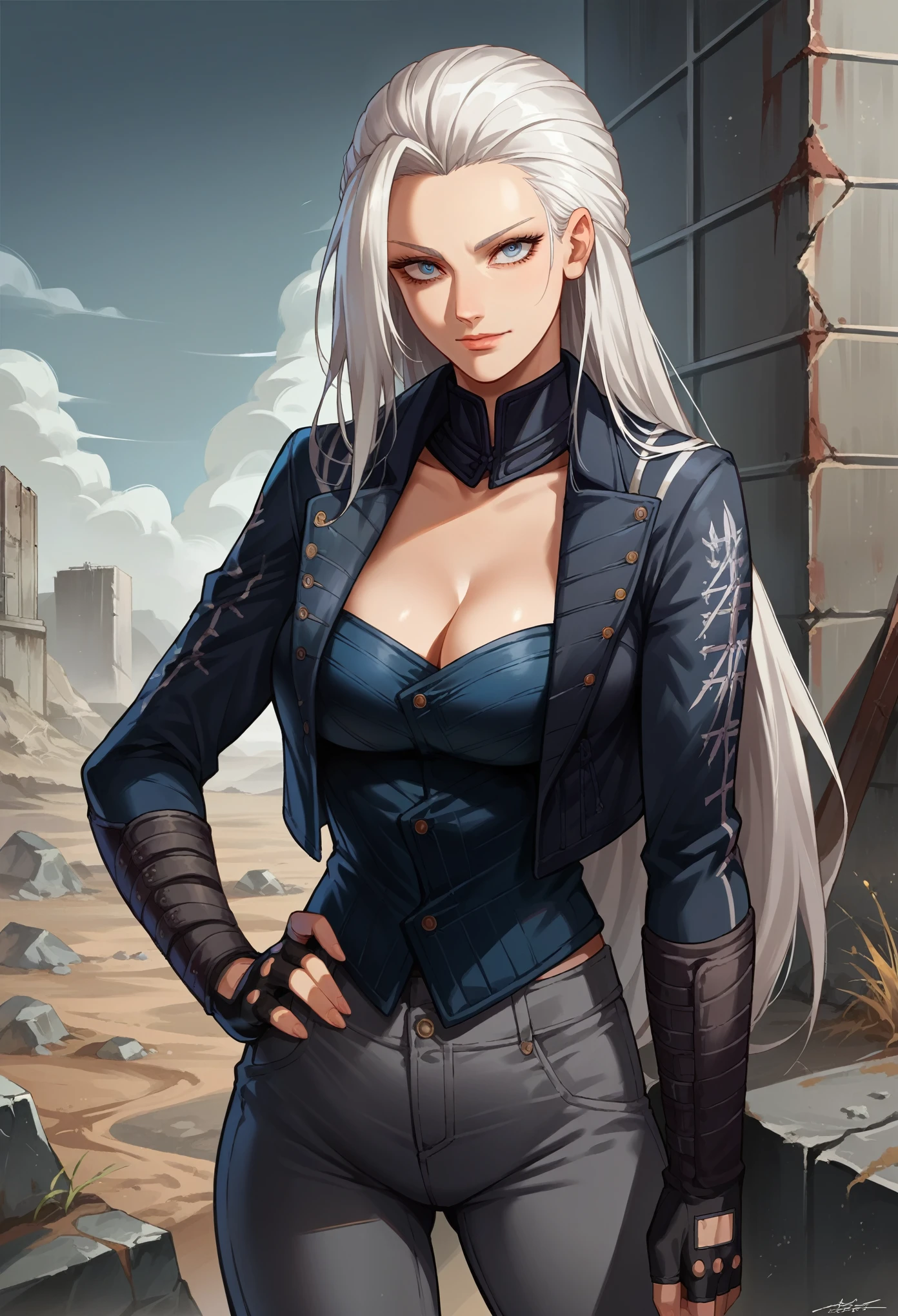 score_9, score_8_up, score_7_up, source_anime, 1girl, solo, female focus, dmc5vergil, white hair, long hair, blue eyes, cleavage, fingerless gloves, pants, standing, slight smile, hand on hip,looking at you, wasteland, gray landscape, desolated, gray plain, 