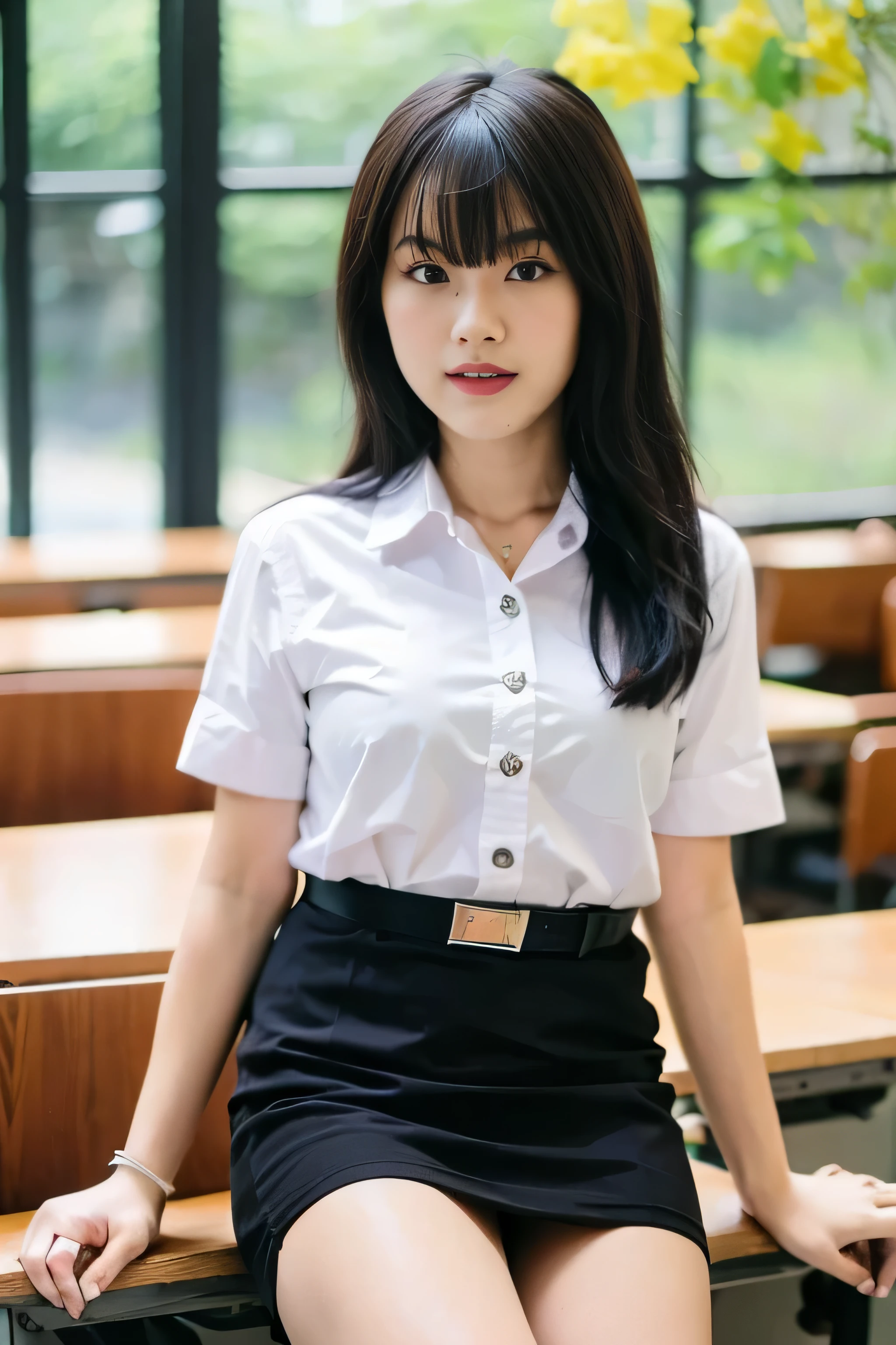 Close up,1 girl{{A beautiful woman wearing a white short-sleeved shirt and a short black pencil skirt}} , striking a sexy pose.  with several lecture tables set up behind it  There is a sliding glass window.  There was evening light streaming into the room.