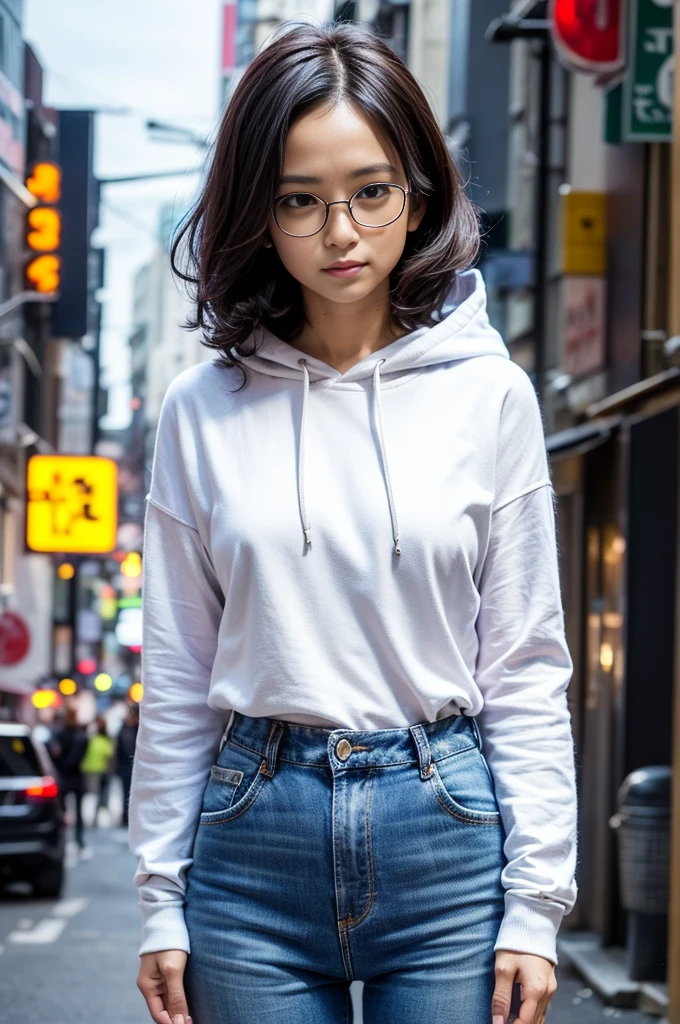 Photo of a beautiful woman standing on a street corner, (masterpiece:1.2, highest quality), (Realistic, photoRealistic:1.4), Beautiful illustrations, (Natural Side Lighting, Cinema Lighting), Written boundary depth, Beautiful thighs staring at the viewer, (((Face Focus, Upper Body))), 1 female, 30-year-old, alone, thin, slender, small breasts!!!, Loose curly hair, Bedhead, Forehead, thin, slender, (((glasses))), hoodie, Denim pants, Are standing, New York 25th Street, (((japanese))), portrait