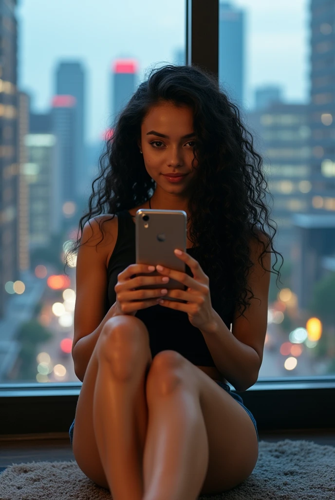 realistic photo of a (pretty girl, 20 years old, brunette, black eyes) seat down at carpet with her feet over short table, (full lips) , ((perfect face)), [[mild smile]], proportionate body,mixed herritage, beautyfull, beautyfull face, tanned skin, two arms, two legs, five fingers by hand, full body, (curly black long hair), brunette girl), Casual outfit, Apartament into glass building, smarphone at hand, Cyberpunk night city behind glass panels, (Sole of the feet), visible feet over , bare feet, (award winning photo), (realistic), nikon, canon, Sigma 85mm f/8
