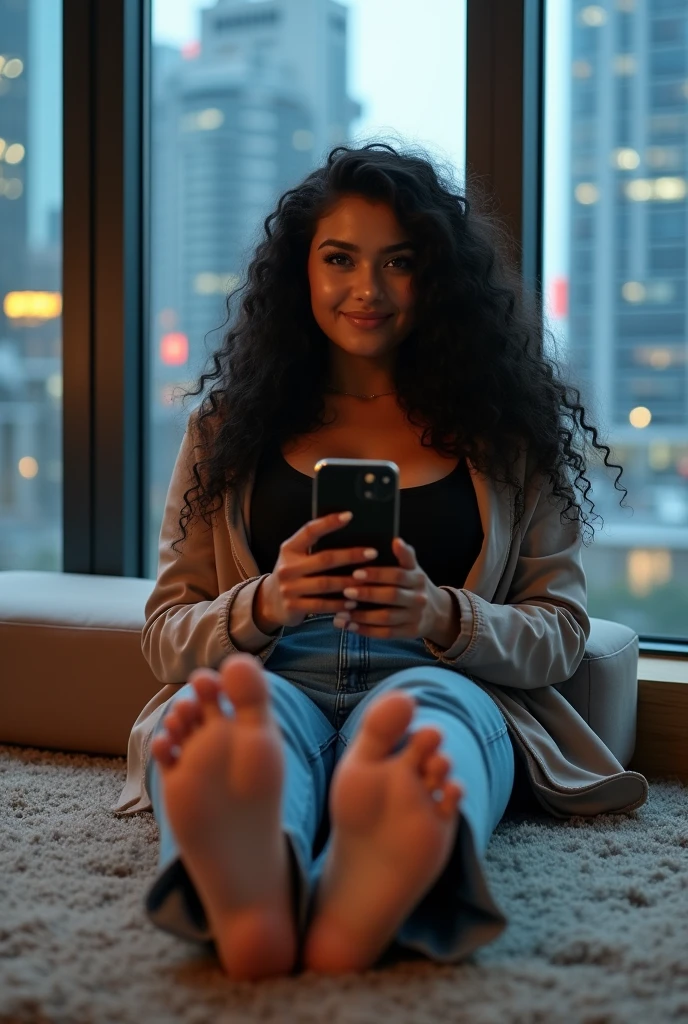 realistic photo of a (pretty girl, 20 years old, brunette, black eyes) seat down at carpet with her feet over short table, (full lips) , ((perfect face)), [[mild smile]], proportionate body,mixed herritage, beautyfull, beautyfull face, tanned skin, two arms, two legs, five fingers by hand, full body, (curly black long hair), brunette girl), Casual outfit, Apartament into glass building, smarphone at hand, Cyberpunk night city behind glass panels, (Sole of the feet), visible feet over , bare feet, (award winning photo), (realistic), nikon, canon, Sigma 85mm f/8
