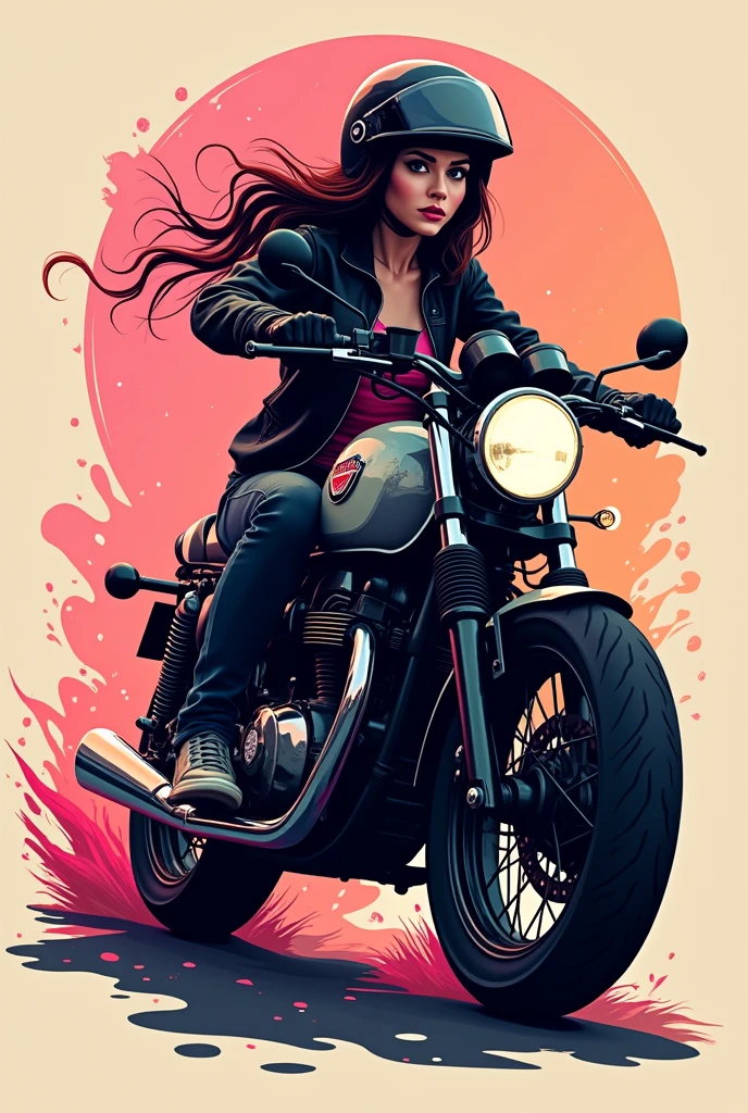 Create a logo that captures the essence of the following keywords: sexy, liberal, magic, Dura, open, using a color palette that includes pink, negro, red, and pastel tones, with a touch of rainbow. The logo should feature a girl on a motorcycle, wearing helmet, with a powerful and confident attitude. The composition must be visually striking, fusing elements of sensuality and freedom, with a design that conveys both strength and a magical touch.