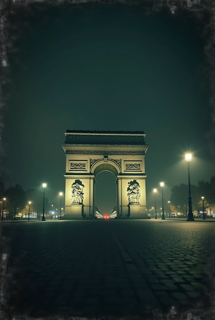 Create a poor quality night photograph of the Arc de Triomphe