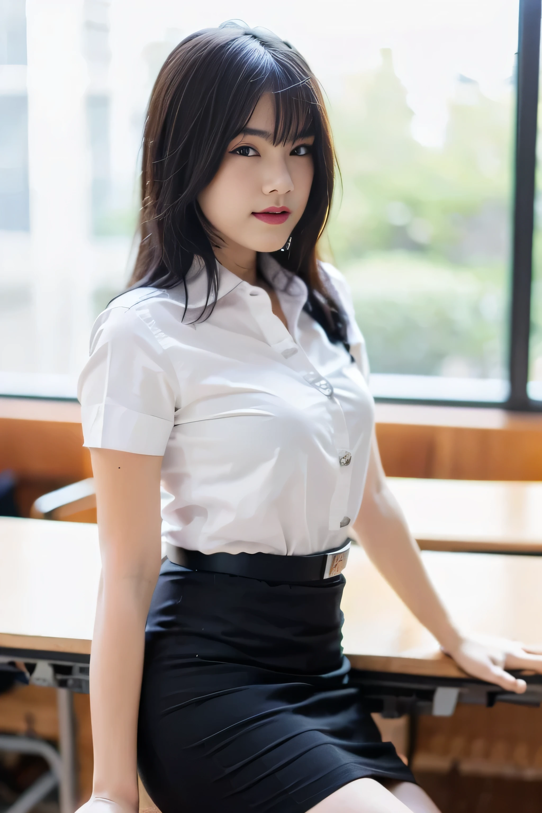 Close up,1 girl{{A beautiful woman wearing a white short-sleeved shirt and a short black pencil skirt}} , striking a sexy pose.  with several lecture tables set up behind it  There is a sliding glass window.  There was evening light streaming into the room.