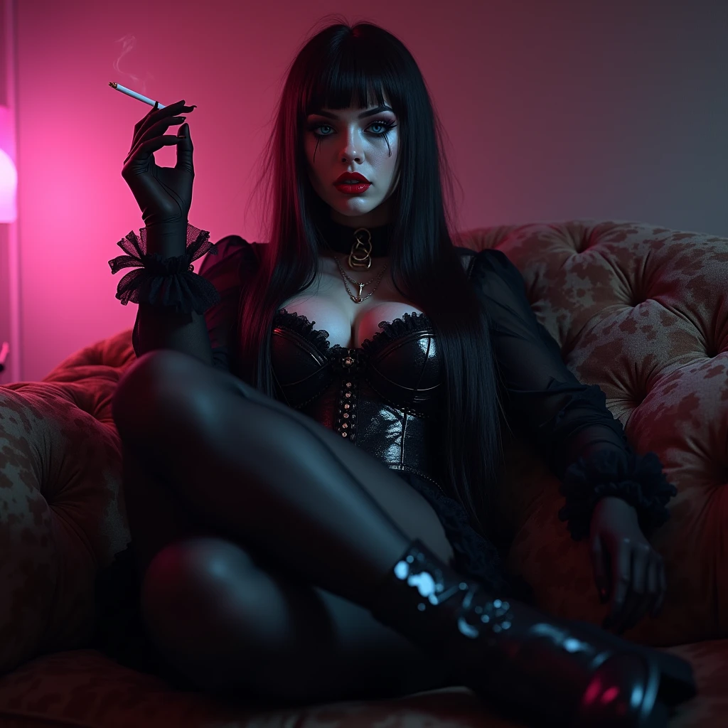 A tall, thick, and sexy 1 girl, with black hair, teal blue eyes, and pale and white skin. Wearing shiny frilly black Gothic clothes. Smoking a cigarette and sitting on a sofa with her legs crossed. Red plump lips. Long lashes, long boots. Corset. Two legs, two arms. Close to the camera. Bottom angle. Wearing gothic pantyhose tights. ((Smirking maliciously)) ((the camera is under her boot)) (Smirking maliciously and mischievously while looking down.) ((pink and purple shading))