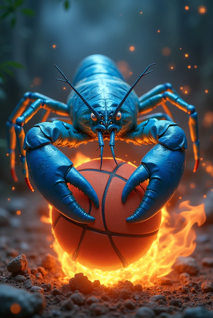 Blue lobster on fire making a basketball hoop