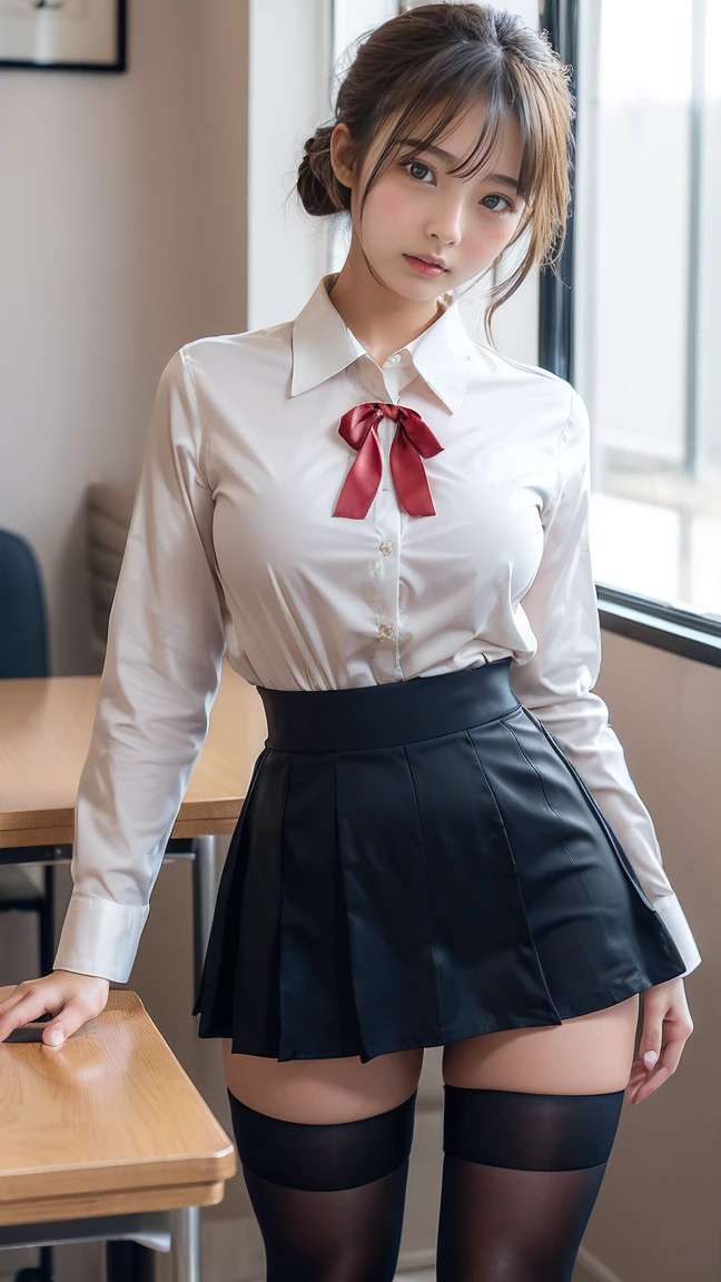 The main girl is beautiful and cute, full bodyesbian, Full body illustration, Best Illustration, elementary student, Realistic and sophisticated uniforms, High school uniform, ((Highest quality)), ((Masterpiece)), (detail: 1.4), anatomically, award winning concept art, Beautiful, Fine details, Portrait, view the viewer, (Full body view)), 1 girl, full bodyesbian, Solo, for 6 years old, elementary student, Child star, gray and white hairs, Short hair, Blue and pink eyes, Big eyes, Dark brown blazer, Maroon sweater, checked skirt, Dark green and maroon skirt, Kurozuka, Large orange bow, White blouse, Transparent underwear, Transparent panties, Skirt, Transparent panties, Wet, shirt, Wet clothes, Skirt lift, Blush, Classroom, navel,Elevate below the chest, Clothes lift, Relaxing background, lifting clothes, school uniform, Cute Japanese school uniform, Blazer, Look away, short- sleeved, Loli, Skinny, elementary, Loli, Baby face, Cute, Young appearance, Fantastic visual depiction, Professional results, Beautiful girl, Petite girl, Sweaty transparent clothes, uneven, Absurdity,Heel loafers,Blonde and brown hair, Blue and pink eyes, The main girl is beautiful and cute,(((dynamicposes))),(((spread their legs))),,((See panties)),((Sheer panties)),((transparent panty)),